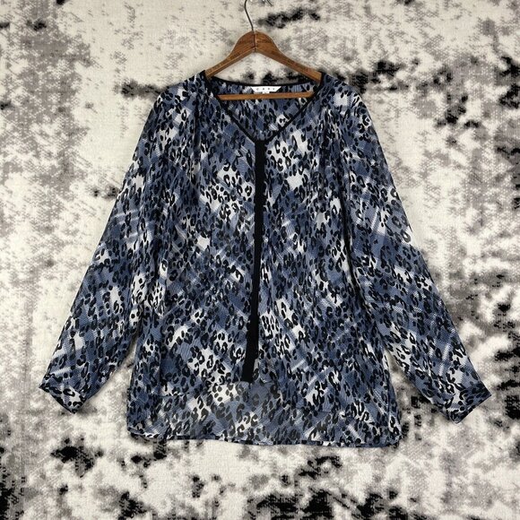 Cabi Blouse‎ Womens Size Large Button Up Sheer V-Neck Animal Print Polyester - Picture 1 of 11